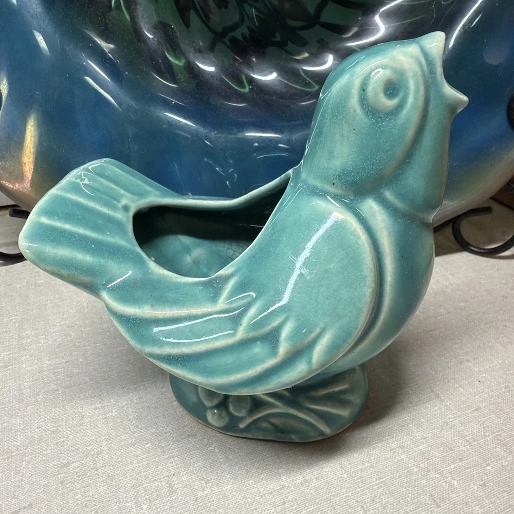 Vintage McCoy Singing Bird Planter Turquoise Blue 4.5x4.5 🐦🪺